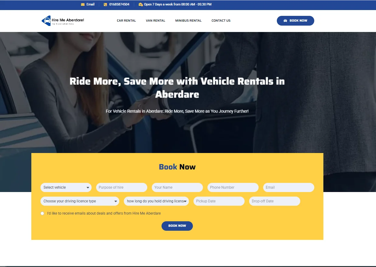 Hire Me Aberdare website, vehicle rental homepage