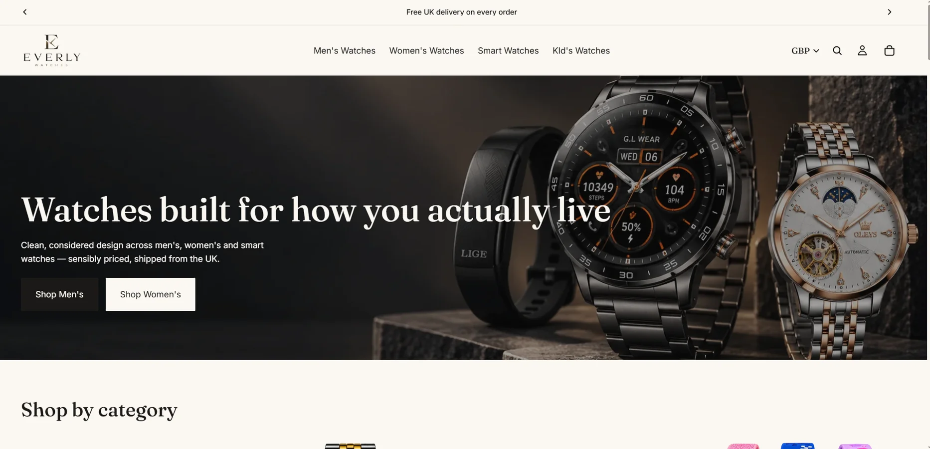 Everly Watches website, online watch retailer homepage